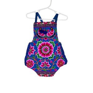 Liboosha Bohemian Romper 2M Blue Floral Eclectic Lush Vintage Hand Woven Hippie
